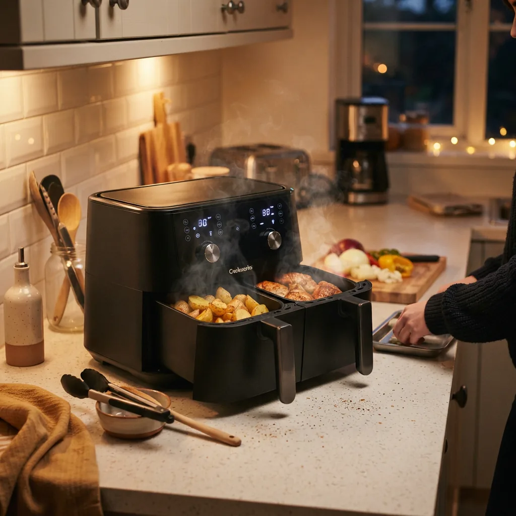 Air fryer in use during a busy evening kitchen scene.