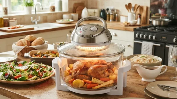 Large 17L halogen oven in a kitchen with multiple dishes around it